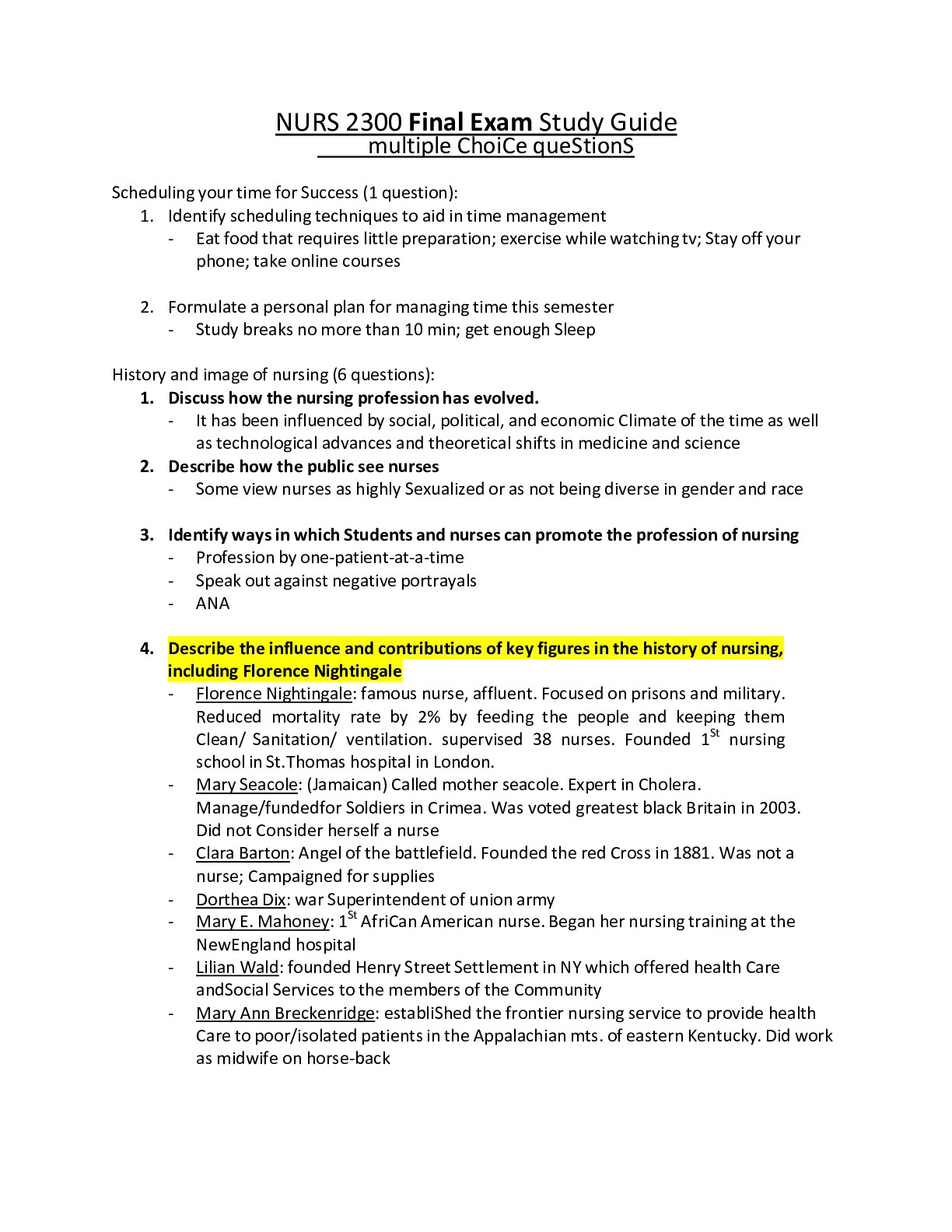 Preview of nurs 2300 final exam study guide